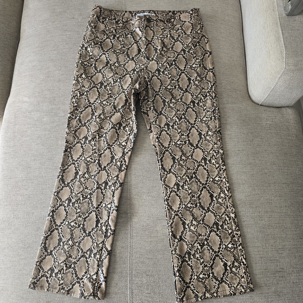 Zara Faux Leather Snake Print Pants Beige Black Python Size 8 EUR 40 NWT